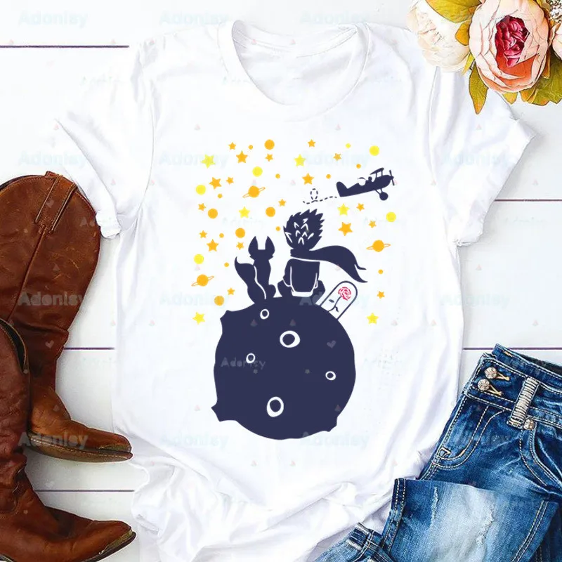 

Little Prince Earth Space Y2K Art Harajuku Kawaii Ladies T-shirt Ladies Casual White Shirt Short Sleeve T-shirt Graphic