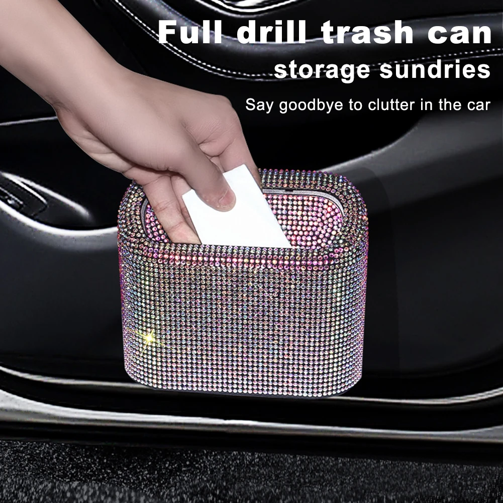 Diamond Crystal Car Trash Can Bin with Lid Leakproof Mini Vehicle Trash Bin Glitter Garbage Dustbin Organizer Container Bag