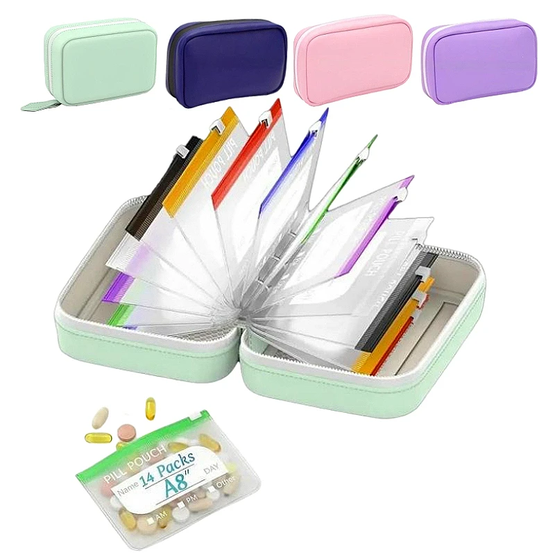 Organizzatore settimanale per pillole con 7/14 scomparti, custodia per medicinali impermeabile con codifica a colori, set di custodie portatili per vitamine e integratori.