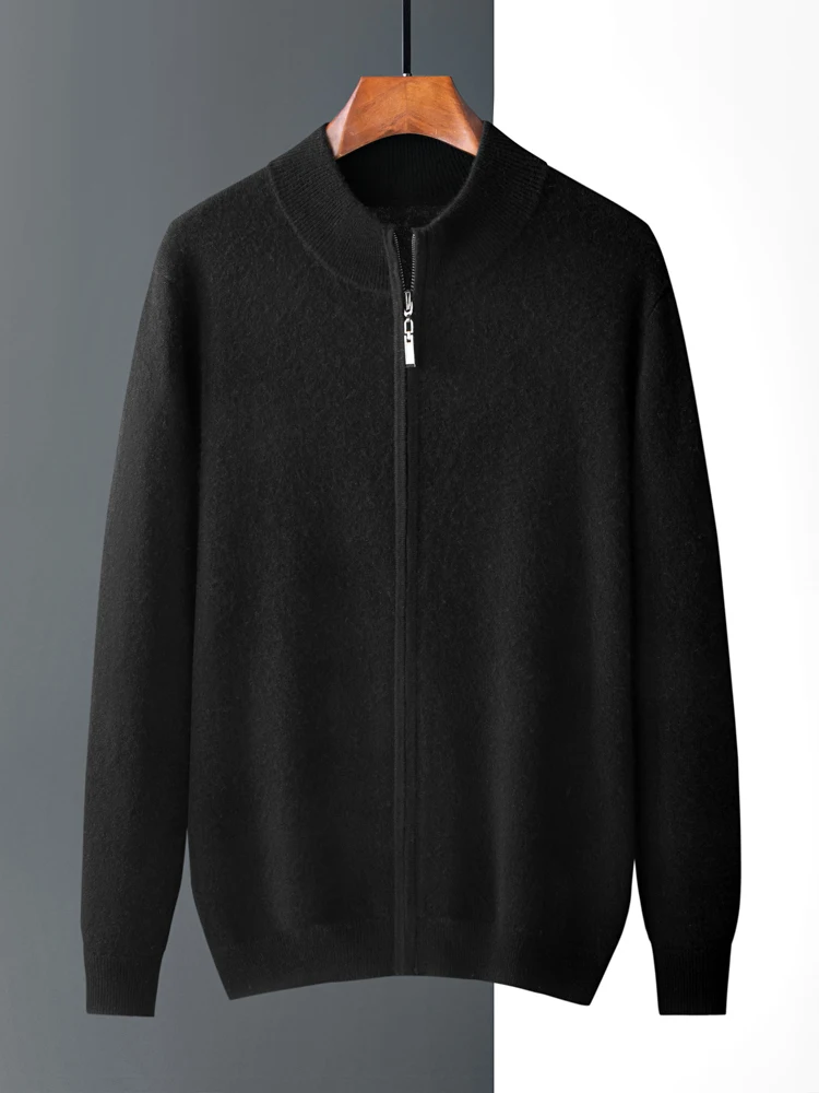 New Fashion 100% Cashmere Knitted Cardigan Pure Color Stand Collar Long Sleeve Zipper Coat Autumn and Winter Men's Sweater