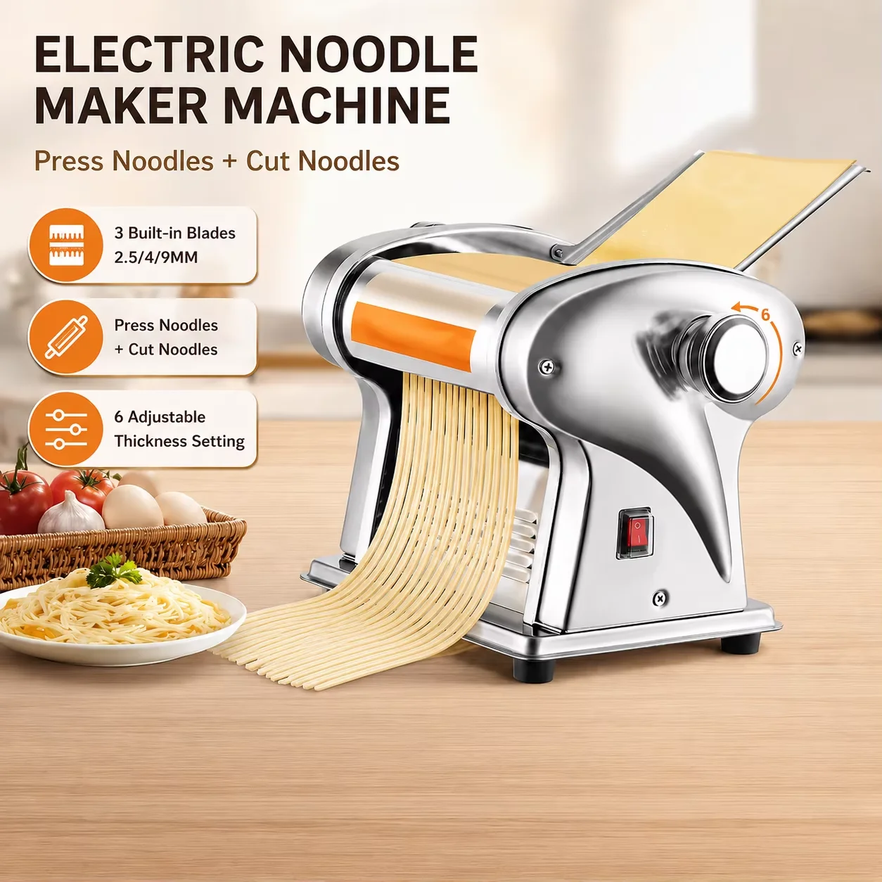 Electric Pasta Maker Machine Stainless Steel Household Dough Roller Noodle Press with 3 Cutting Rollers and 6 Thickness Settings for Dumpling Wrapper Fresh Noodles