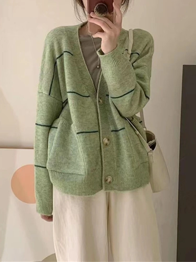 

New Autumn Winter Ladies Striped Loose Button Cardigan Winter Clothes Women Sweater Korean Fashion Pulls Coats Long Sleeve Top