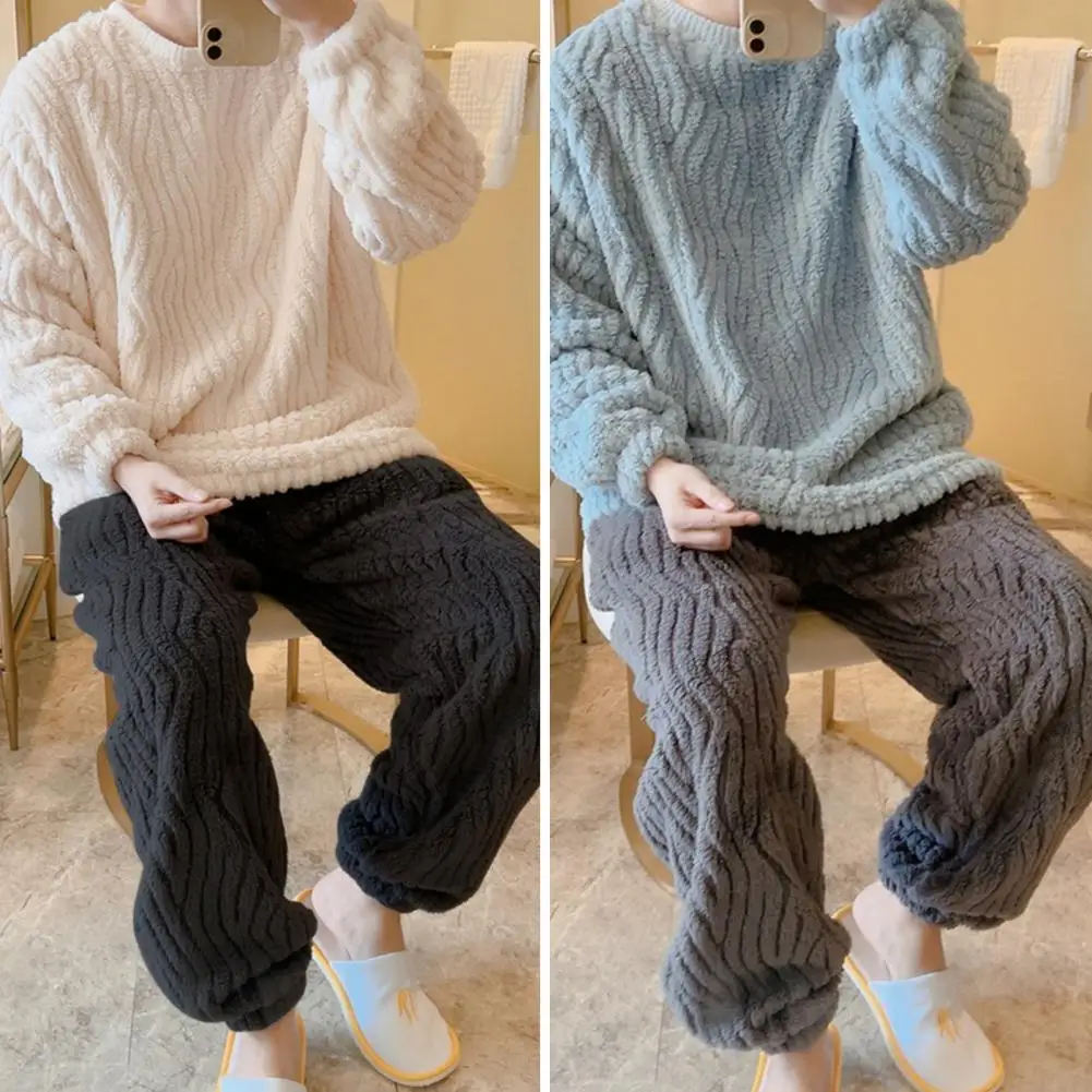 

Men Flannel Pajama Pants Set Long Sleeve Warm Solid Color Round Neck Loungewear Thick Velvet Coral Fleece Sleepwear Nightgown