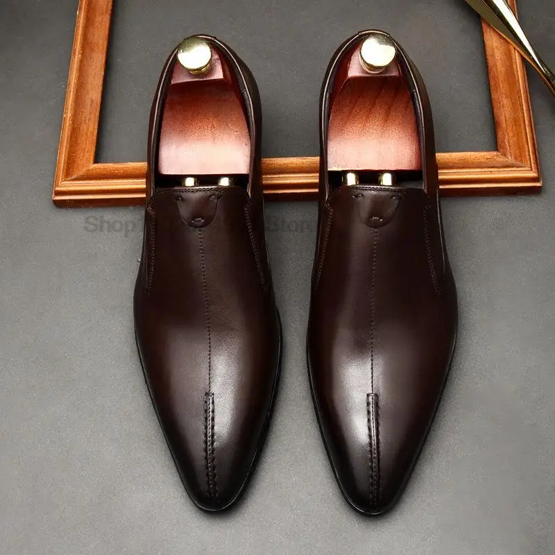 

High Quality Man Loafers Genuine Leather Pointed Toe Dress Shoes Mens Summer Autumn Black Coffee Party Wedding Shoes For Men