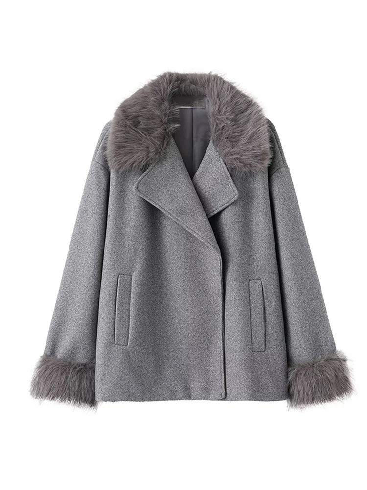  Elegant Woolen Short Coat For Ladies Solid Loose Lapel Furry Collar Long Sleeve Jacket Female 2025 Autumn Winter Chic Coat