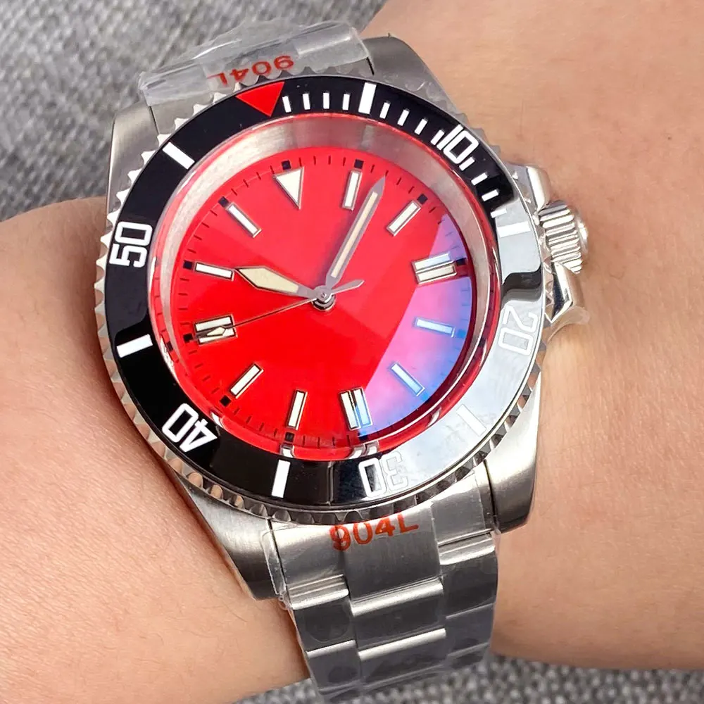 

40mm Tandorio Red Dial Watch For Men Green Luminous Dome Blue AR Sapphire Glass 200m Waterproof NH35A Automatic Rotating Bezel