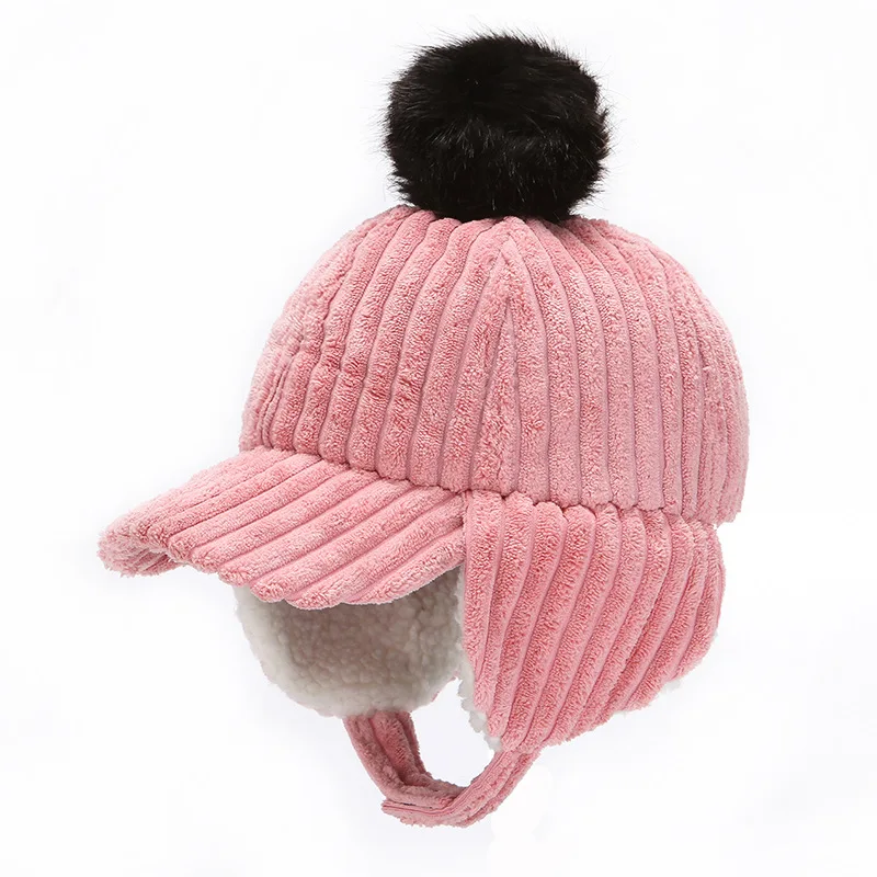 

Autumn and winter children's hats nice corduroy ear protection caps boys and girls fur ball baseball caps warm caps