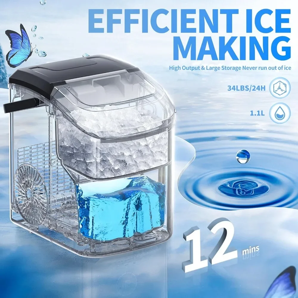 Chewable Ice, 34Lbs/24H, Pebble Portable Ice Machine with Ice Scoop, Self-Cleaning, One-Cl