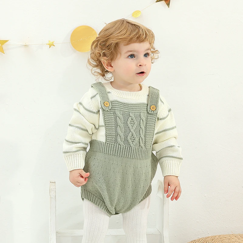 

Newborn Baby Bodysuits Knitted Infant Girls Boy Jumpsuit Long Sleeve Autumn Toddler Kid Clothing 0-18M Overalls Striped Playsuit