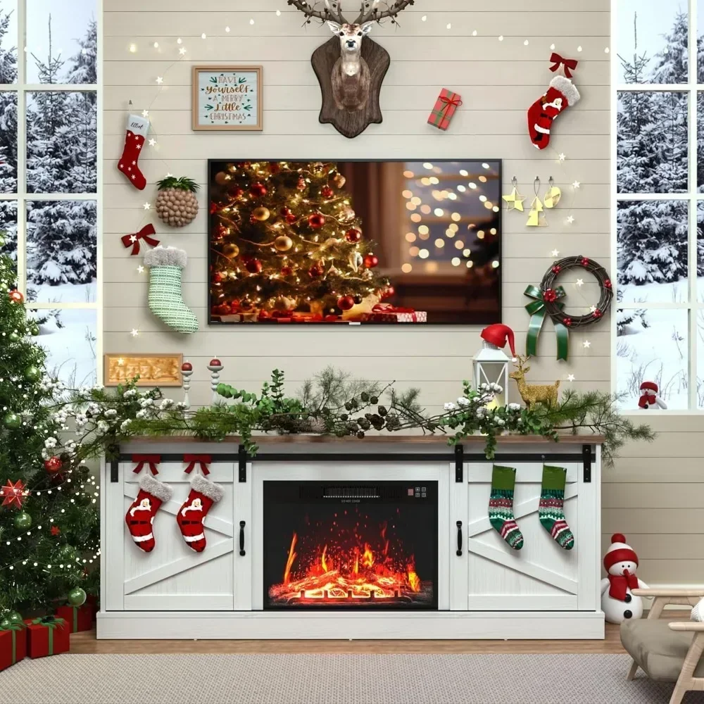 Fireplace TV Stand for up to 75" TV, Farmhouse Entertainment Center with 24" Fireplace, 67" Media Console Cabinets 3