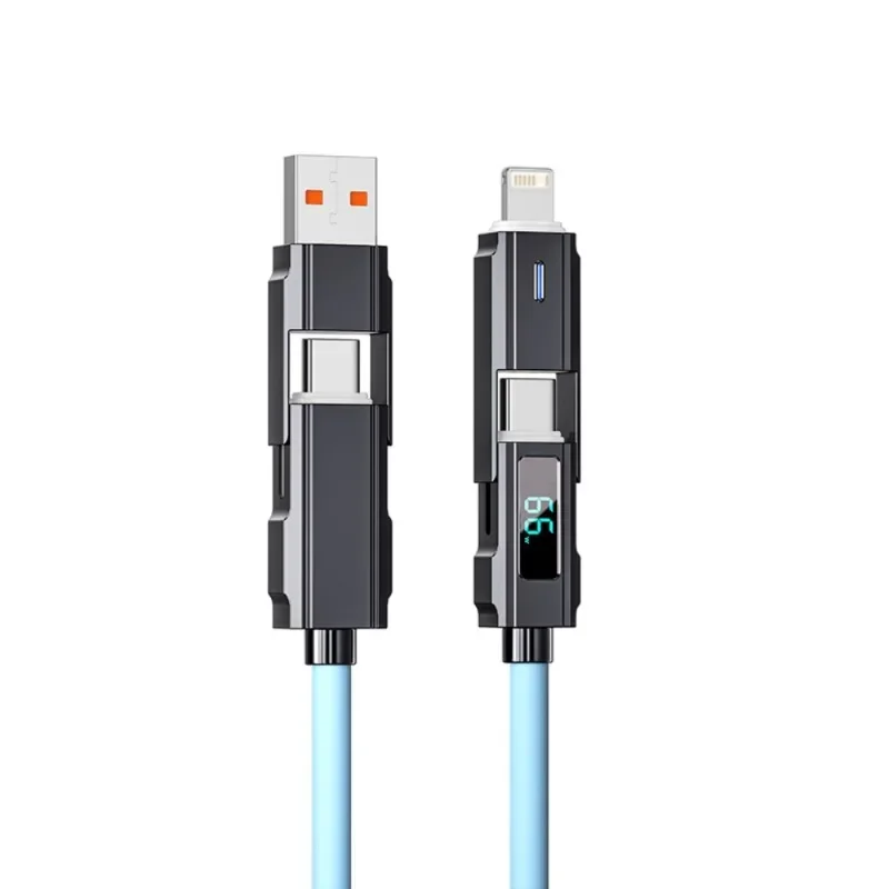 4 in 1 USB C Data Cable Digital Display Silicone for Iphone PD 66W Zinc Alloy Fast Charging Cable Line Type C with LED Design
