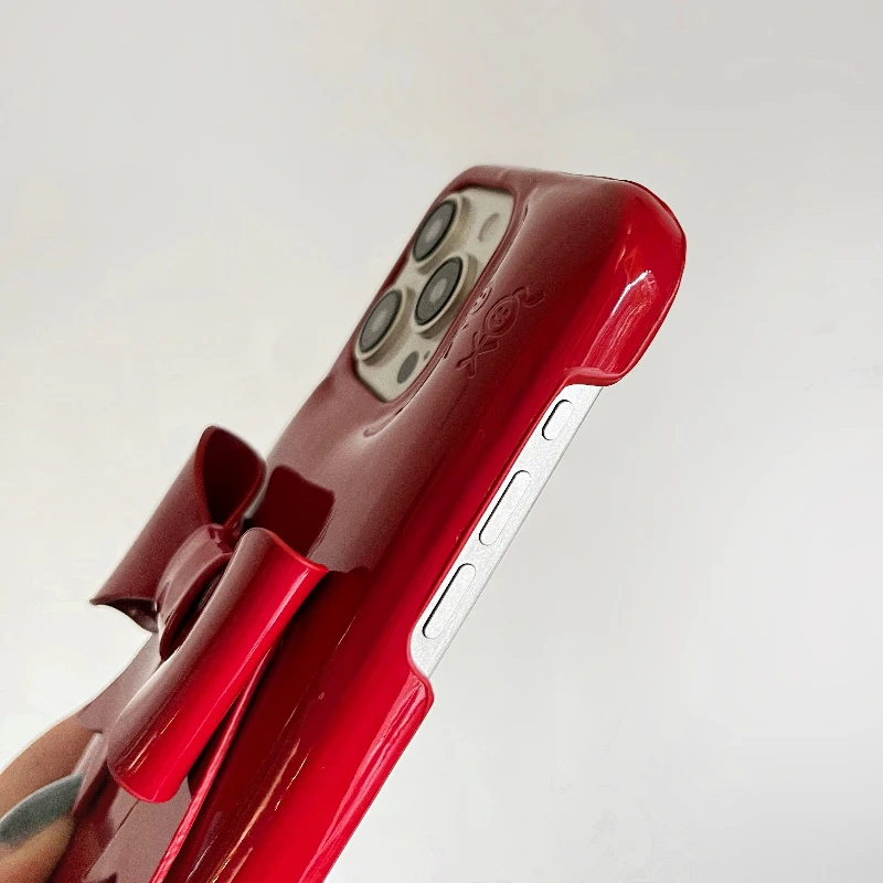 Korean Vintage Red 3D Bowknot Leather Case - Creative Glossy Soap Soft Cover