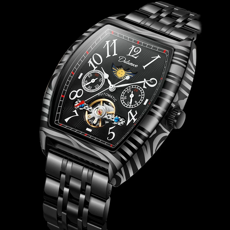 Top-Marke Luxus Tourbillon Mechanische Uhr Für Männer Mode Schwarz Stahl Wasserdicht Mondphasen Automatische Uhr Reloj Hombre_voghion.com