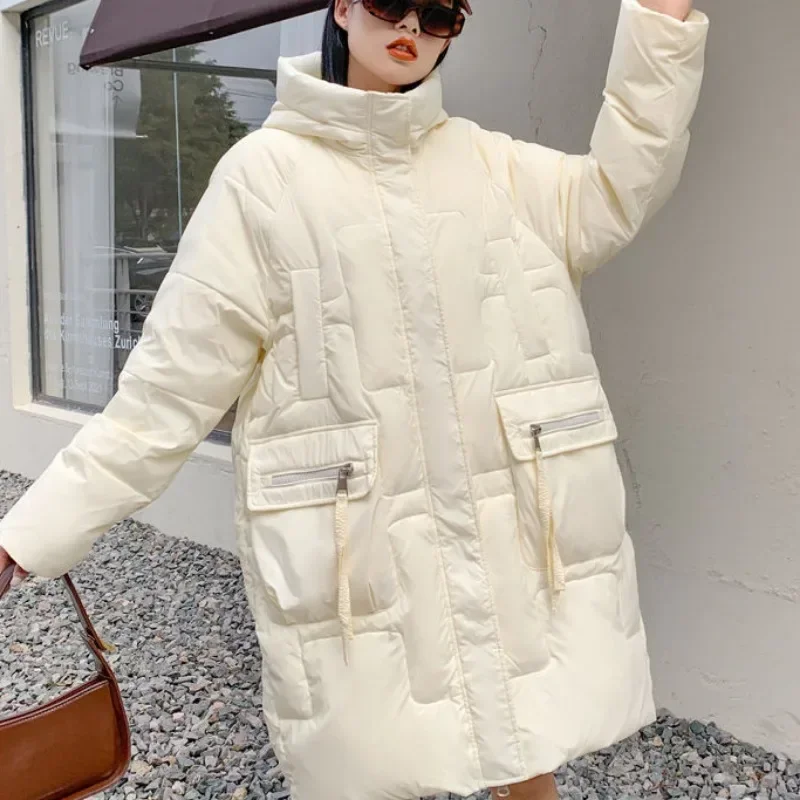 2024 New Women Down Cotton Coat Winter Jacket Female Mid Length Version Parkas Loose Large Size Warm Outwear Hooded Overcoat