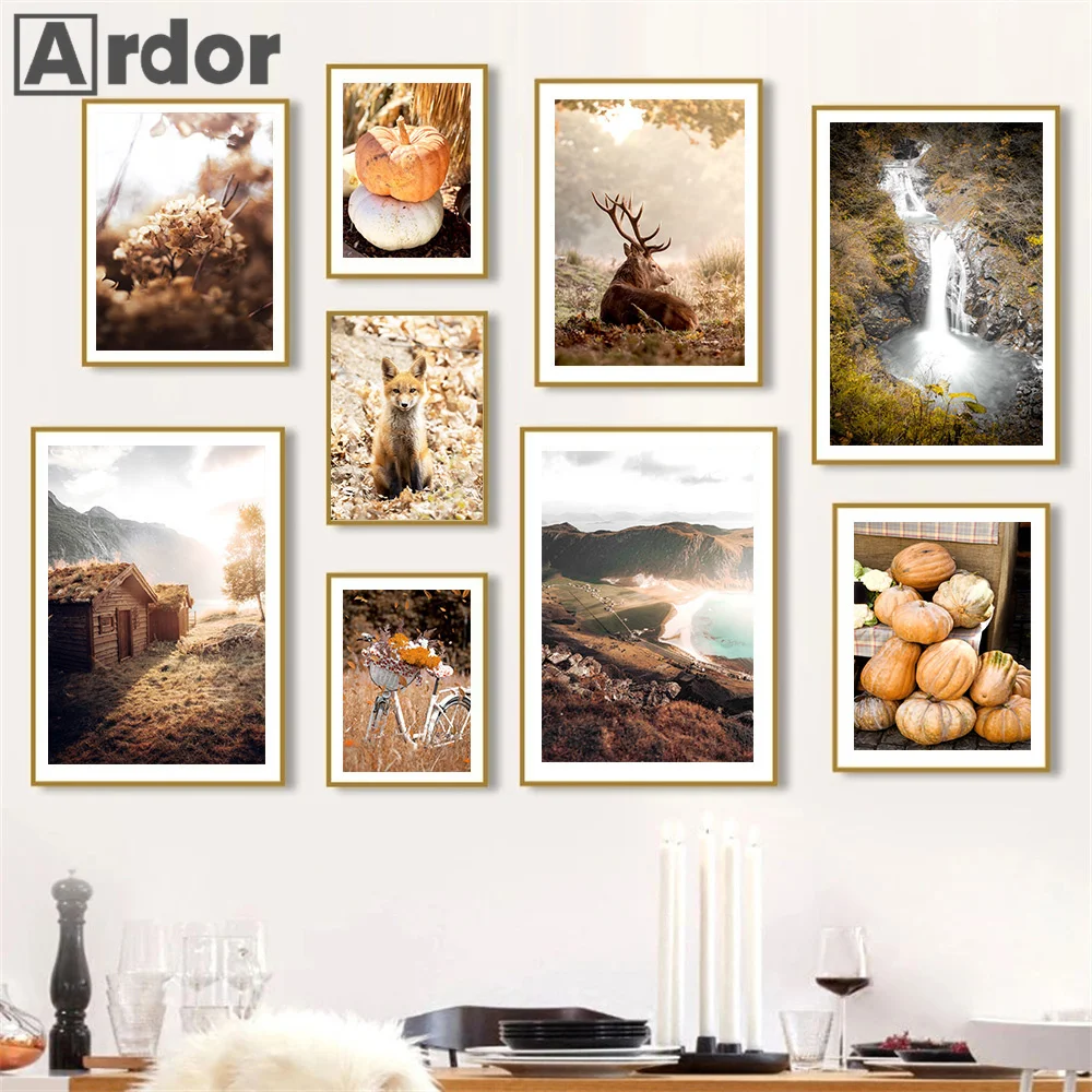 Autumn Forest Deer Fox Poster Pumpkin Lake Reflection Car Wall Art Print Canvas Painting Nordic Pictures Living Room Home Decor nursery art poster cartoon forest animals canvas painting fox deer bear nordic baby prints wall pictures for kids room decor