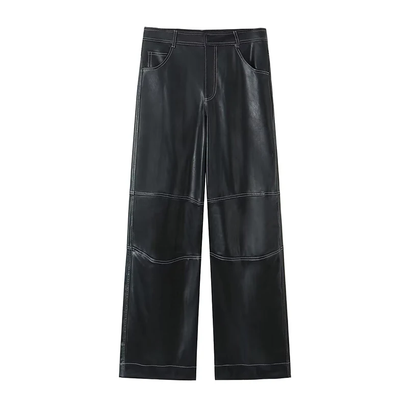 

TRAF Faux Leather Straight Pants Women Black High Waist Woman Trousers Autumn Wide Leg Pants for Women Streetwear Casual Pants