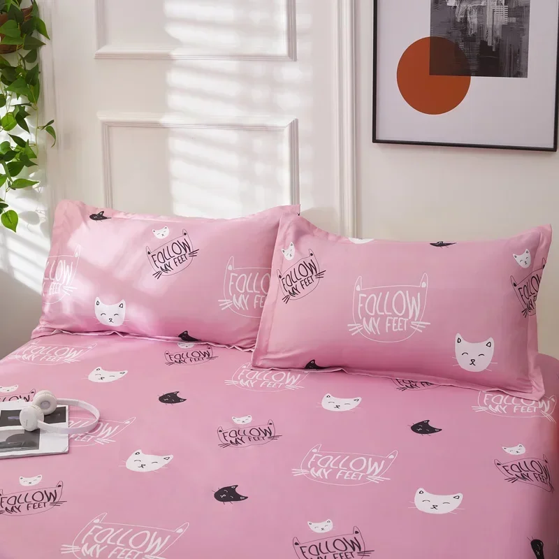 Cartoon Cat Bed Sheet Set for Kids Girls Cute Pet Kitten Print Pink Flat Sheet Kawaii Top Sheets with Pillowcases Bedroom Decor 4