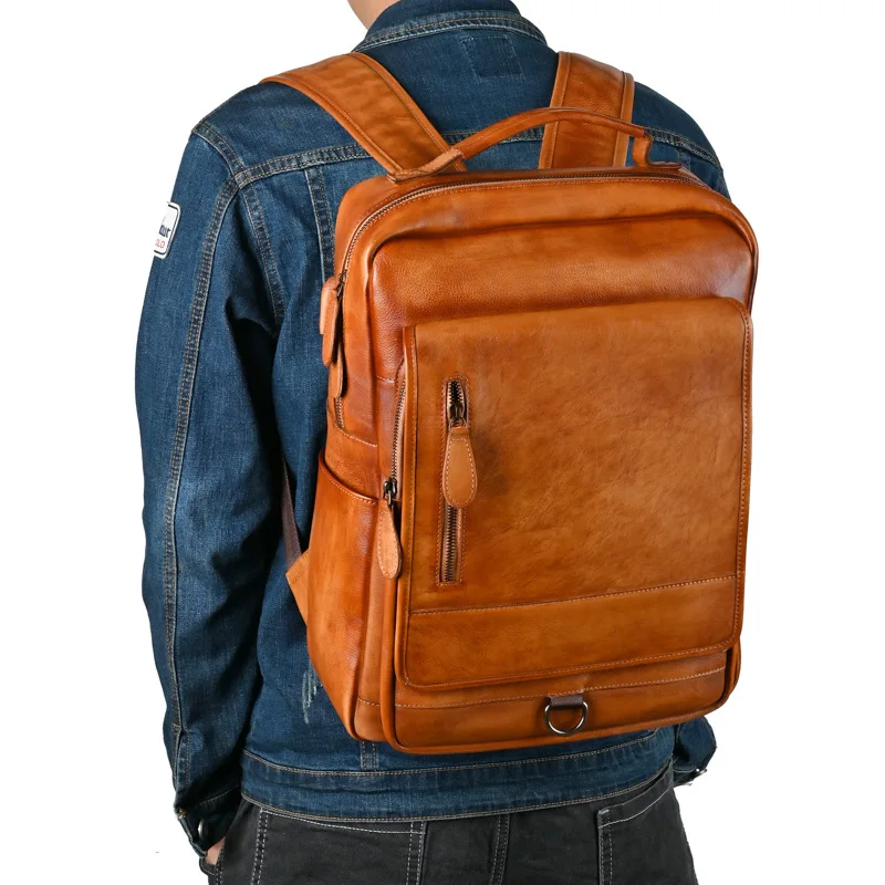 Men's Backpack Vintage Genuine leather Fit 15.6" Laptop Bags Business Rucksack Student School Bag Daypack Big Male Travel Bag