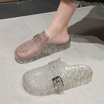 Women's Flat Transparent Baotoe Slippers Summer Hollow Out Slippers Adult Girls Non-slip Woven Half Slipper Female 1