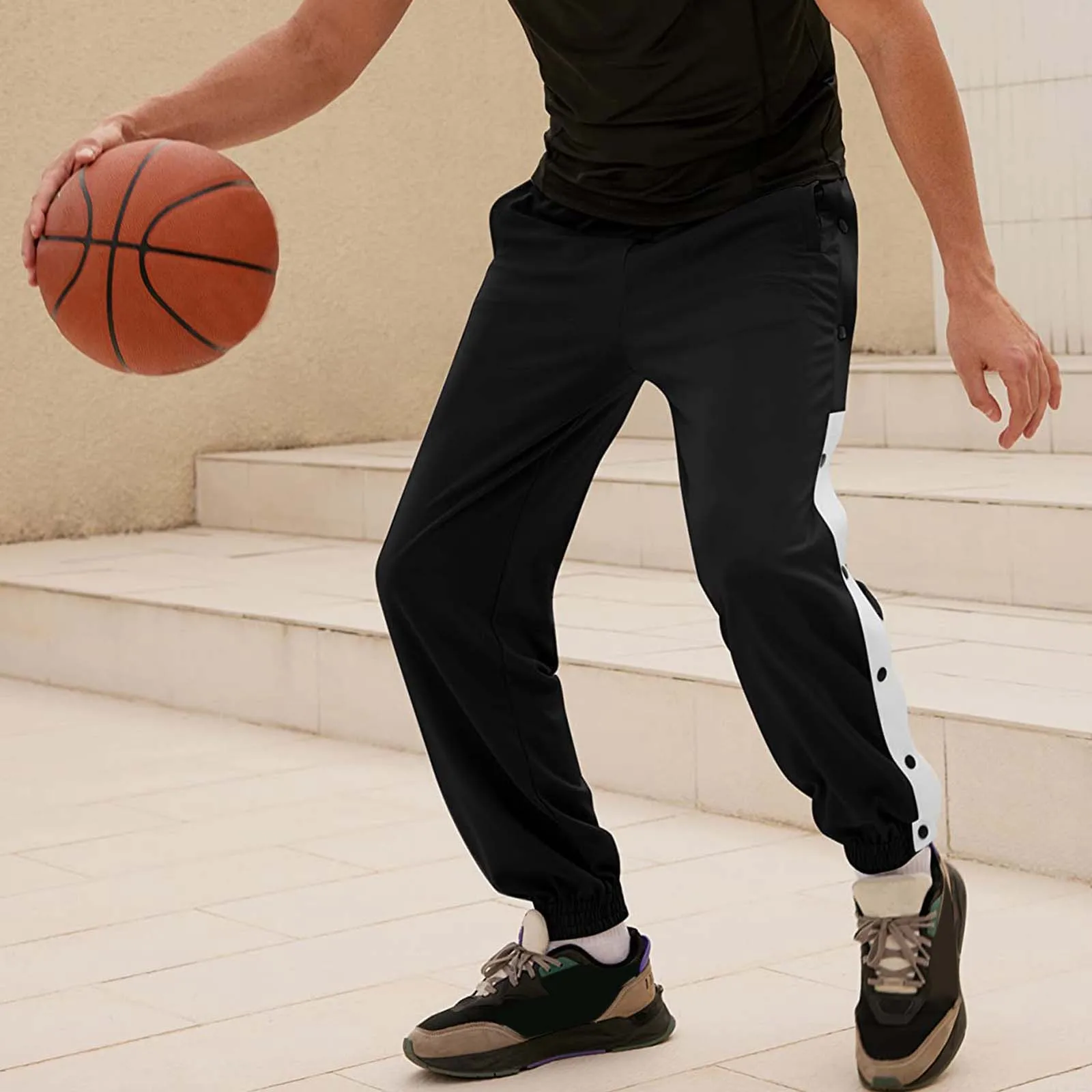 Fashion Mens Casual Pants Bottoms Gym Fitness Workout Sport Trousers Man Elastic Waist Side Split Button Sweatpants Jogger Pants
