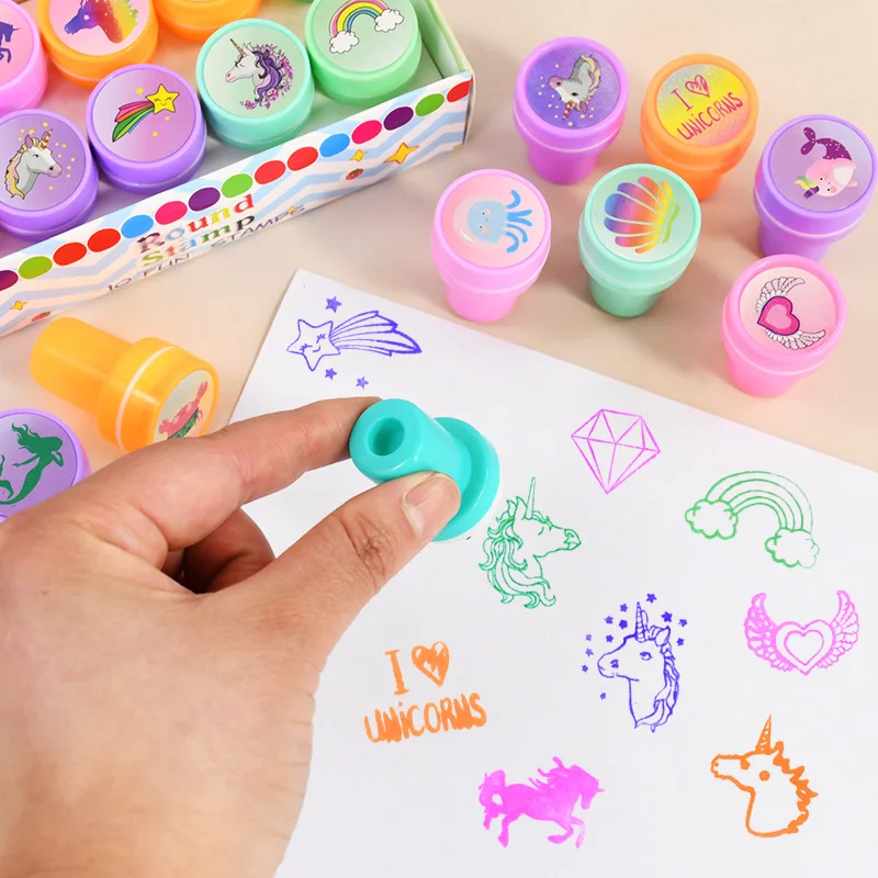 10Pcs Cartoon Self-ink Stamps Unicorn Mermaid Pattern Kids Birthday Party Favors Gift Toys DIY Scrapbook Decoration Supplies