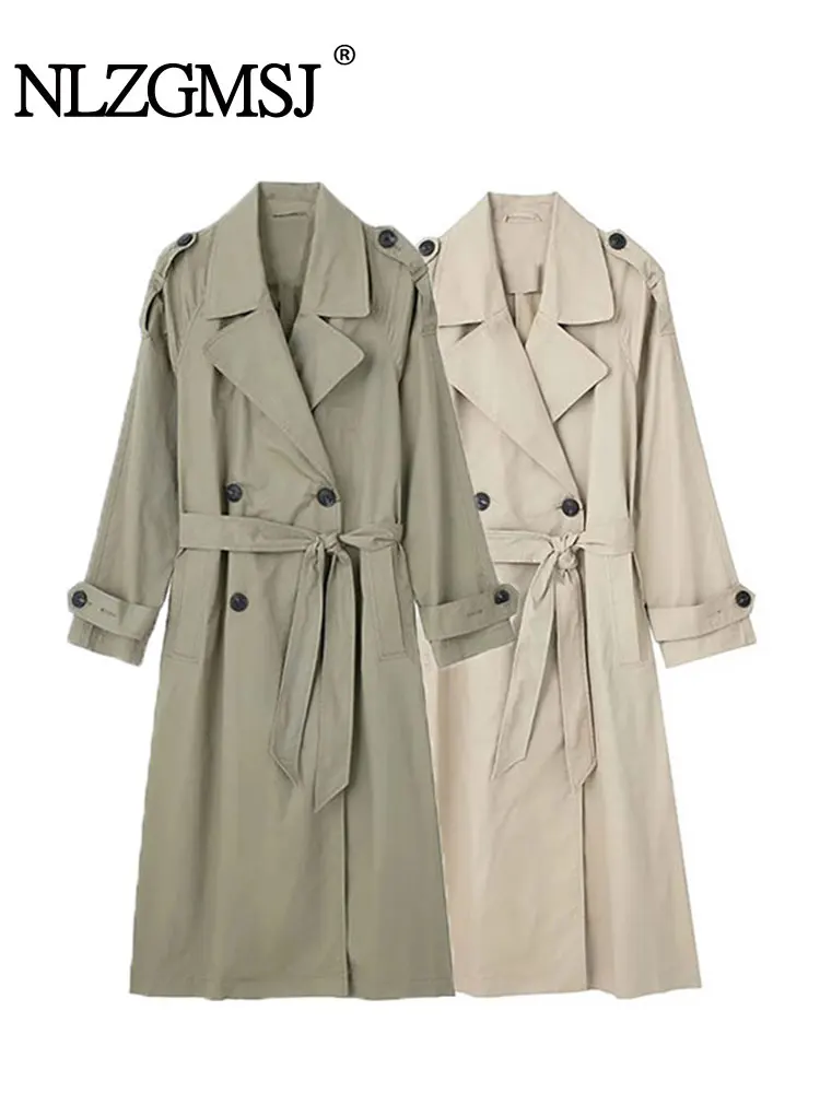 

TRAF 2023 Autumn Women Windbreaker Trench Coats Fashion Double Breasted Vintage Long Sleeve With Belt Casual Loose Tops