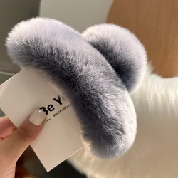 Luxurious Rex Rabbit Fur Plush Hair Claw Clip - Large, Cute, and Fuzzy Hair Accessory (Grey)