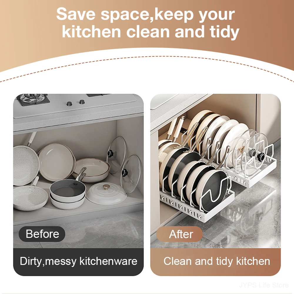 Pull out Pots and Pans Organizer Sliding Pot Lid Holder Kitchen Spice Rack Tableware Organizer Multifunctional Dish Drying Racks 5