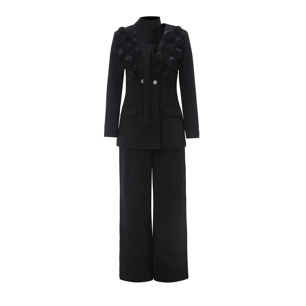 TWOTWINSTYLE Solid Two Piece Set For Women Lapel Long Sleeve Spliced Appliques Coat High Waist Wide Leg Pant Chic Sets Female 6