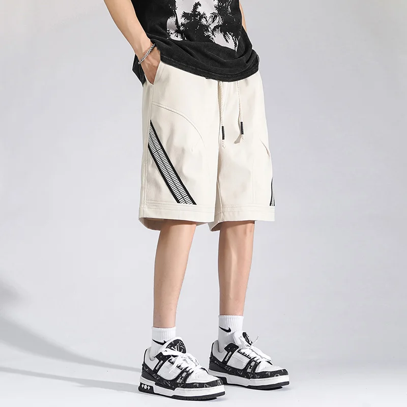 Men's Sweatpants Cargo Summer Elastic High Waist Drawstring Pockets Solid Color Knee Pants England Style Boyfriend Shorts