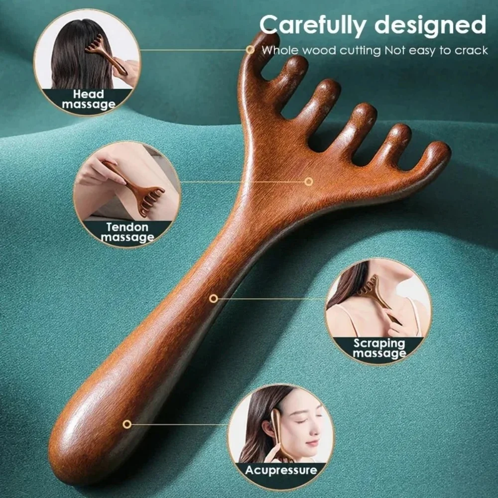 Wooden Meridian Massage Comb Anti-static Six-Claw Head Massager Promote Blood Circulation Body Gua Sha Tools Head Massage Brush
