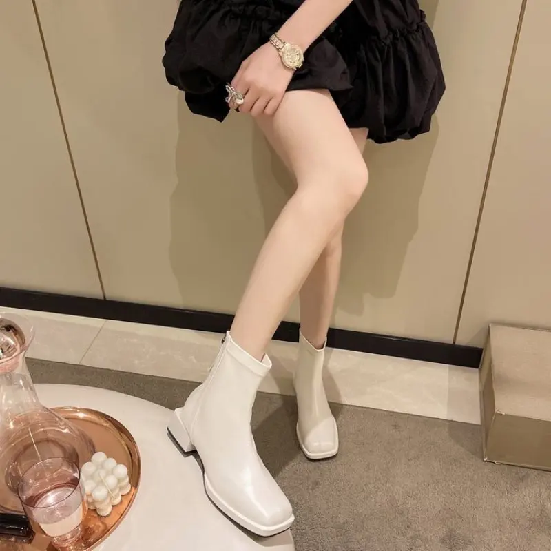 New Fashion Ankle Boots for Women High Heels Chunky Platform Square Toe White Sole Zipper Young Lady Booties 2023 Casual Simple