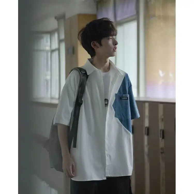 Japanese short-sleeved shirt summer new Hong Kong style contrasting loose splicing trendy brand student handsome shirt jacket