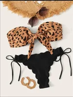 Beach Bikini 2024 Woman Sexy Front Lace Up Tie Bandeau Leopard Swimsuit Female Push Up Ruffled Bow Bathing Suit Thong Swimwear 2