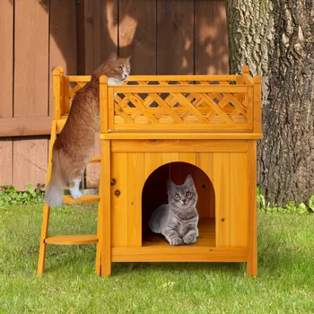 2-Story Wooden Feral Cat House Dog House for Outdoor and Indoor, Pet House with Stairs, Yellow 2