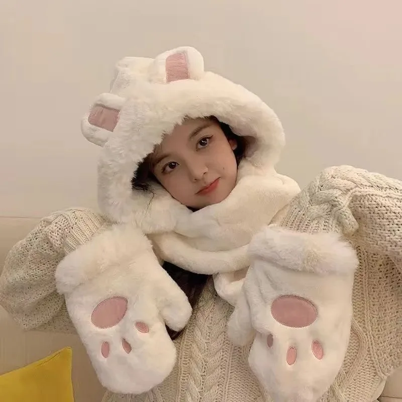 

New Winter Cute Rabbit Ears Hats Scarf Imitation Rabbit Fur All-in-one Women's Warm Hat Scarf Three-piece Winter Windproof Cap