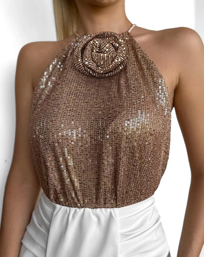 

Elegant Style for Women's Tank 2024 Spring Summer New Fashion Sleeveless Rose Detail Allover Sequin Halter Daily Commuting Top