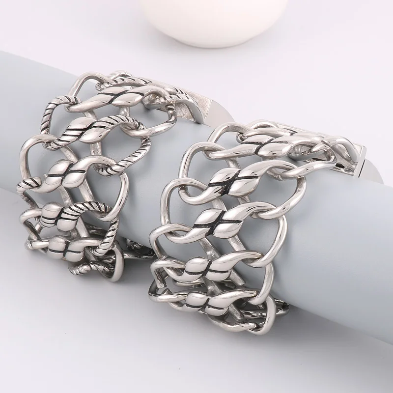Fongten Twisted Charm Bracelet For Men Silver Color Shiny Stainless Steel Hollow Chain Man Bracelets Jewelry Wholesale