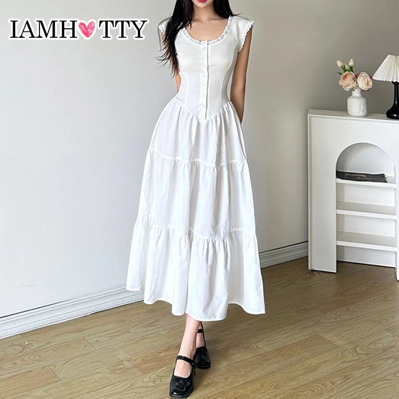 

IAMHOTTY Fairycore Button-up A-line Long Dress Women Chic Elegant Slim-fitting Maxi Dresses Holiday Party Korean Sweet Robe