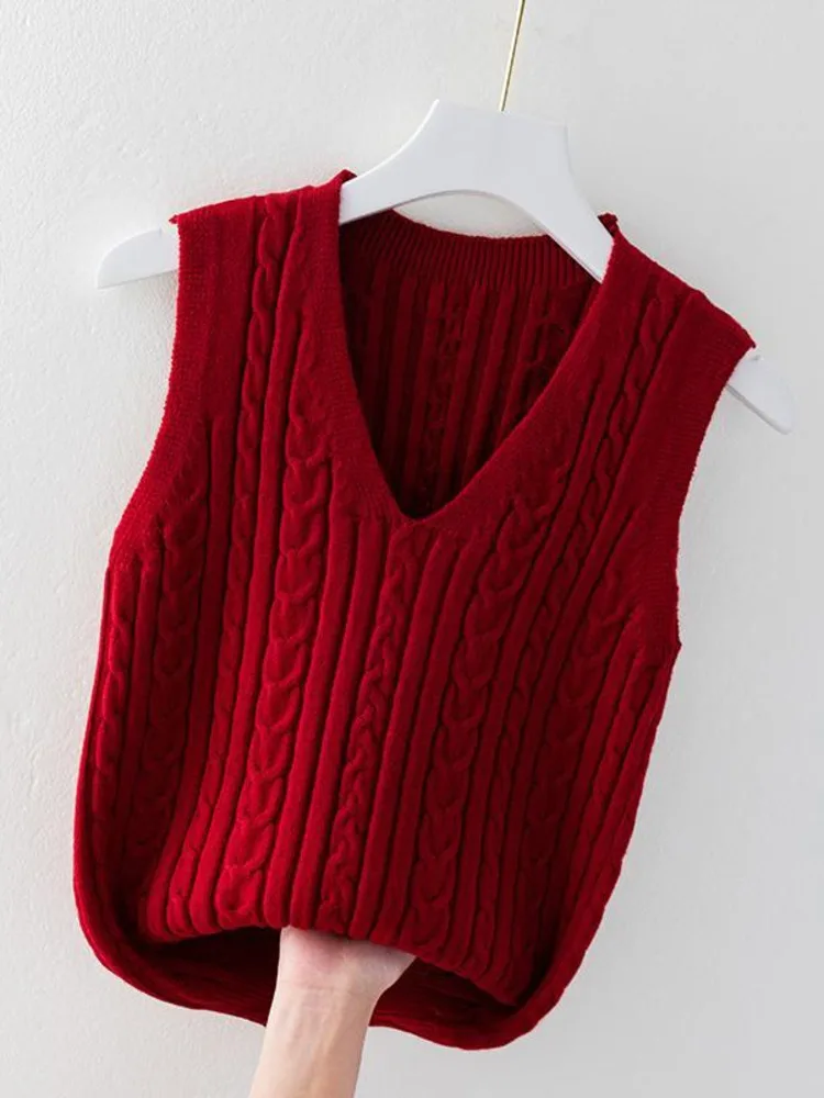 

Women Knitted Sweater Vest Vintage Sleeveless Solid Color V-Neck Casual Harajuku Pullover All-match Chic Tops Outerwear
