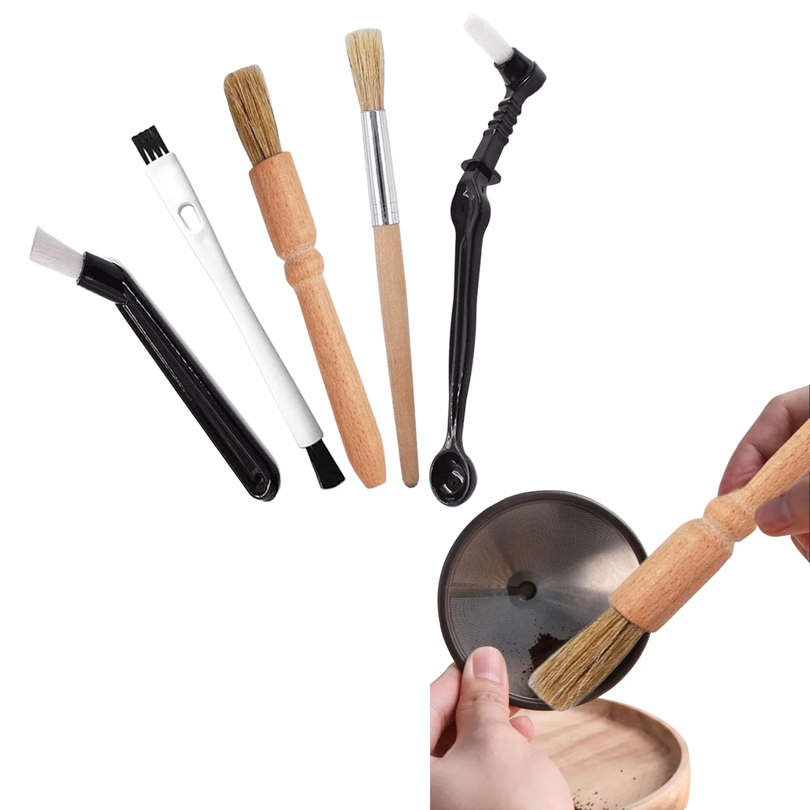 5 In 1 Coffee Grinder Cleaning Brush Wood Handle Natural Bristles Wood
