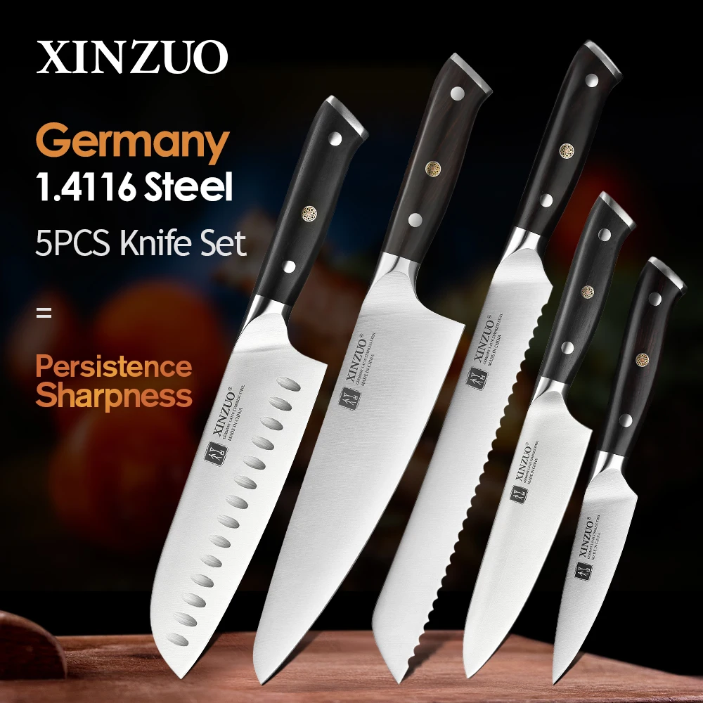 Kitchen Knives XINZUO 5PCS Cutlery Set High Carbon Din 1.4116 Stainless Steel Chef Bread Santoku Petty Utility Knives with Ebony Handle