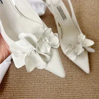 Pink High Heels Sexy Pointed Toe Slingback Shoes Design Flower Low Heel Office  Shoes White Pumps Chaussures Femme - Image 3