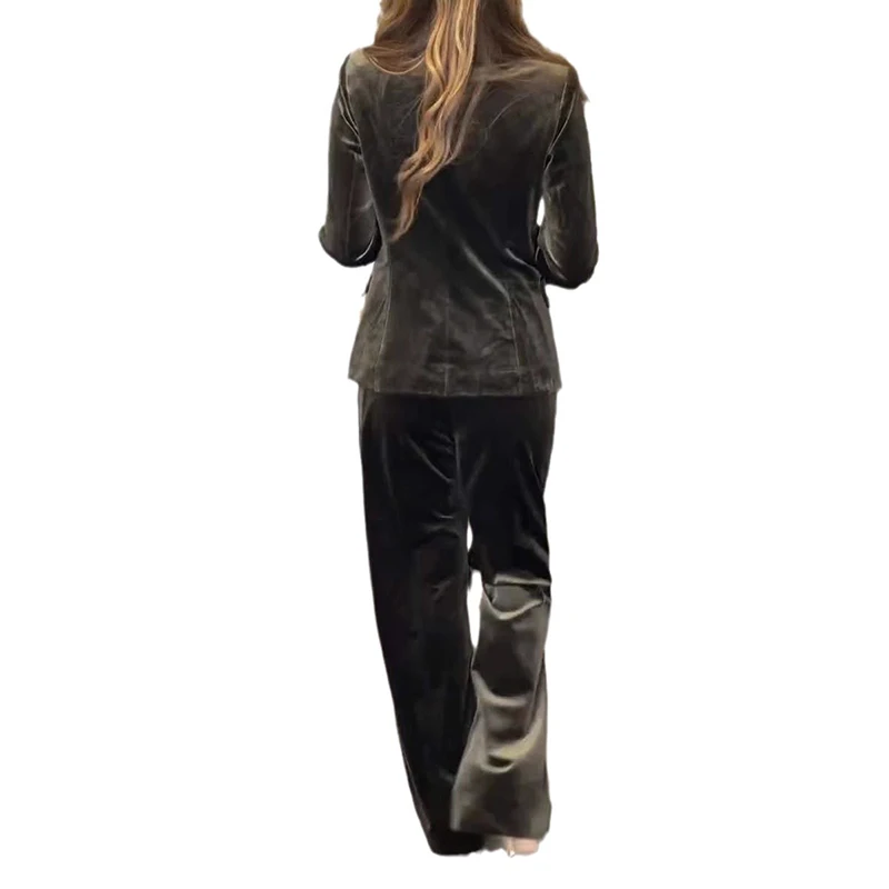 Fashion Slim Two Piece Sets For Women Elegant Double Breasted Splicing Velvet Long Sleeved Top And High Waist Straight Pant 5