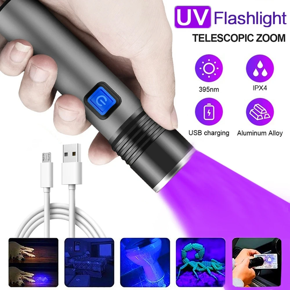 395 nm UV-Taschenlampe, Schwarzlicht, zoombar, über USB wiederaufladbar, UV-Licht, UV-Taschenlampe zur Erkennung von Haustier-Urin, Harzhärtung - AliExpress 39