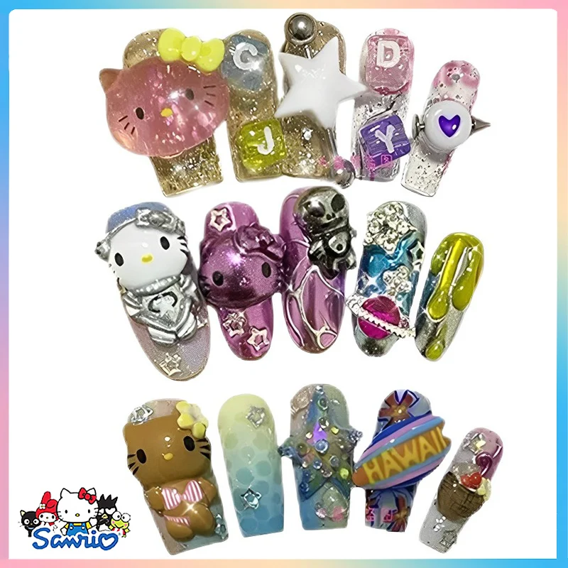

High End Sanrios Hello Kitty False Y2K Nail Kawaii Cartoon Handmade Charm Wearing Armor Detachable Repeatable Charm Wear Sticker