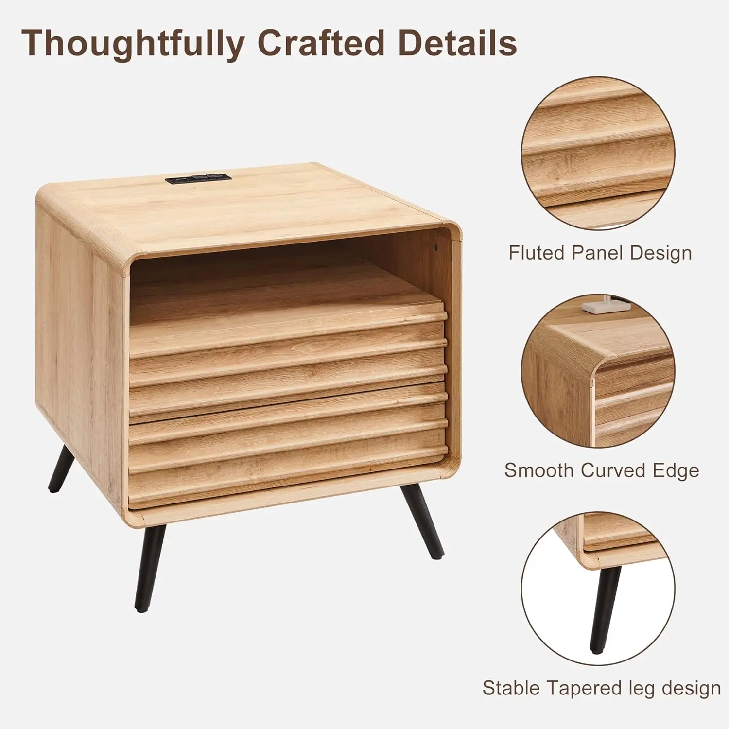 Night Stand with Charger Station, Mid Century Modern Fluted End Table with 2 Drawers, Wooden Side Table Open Cub