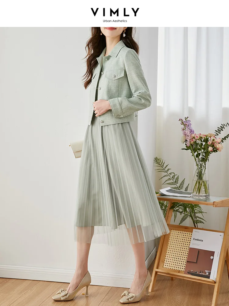 Vimly Pleated Skirt Short Jacket Two Piece Sets for Women 2023 Spring Sleeveless Midi Mesh Dress Matching Sets Womens Outfits
