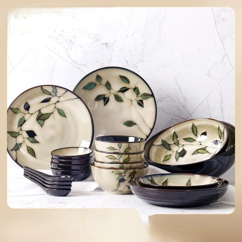 Vintage Japanese Ceramic Bowl Creative Hand-painted Rice Plate Bamboo Leaf Soup Bowl Salad Underglaze Colored Small