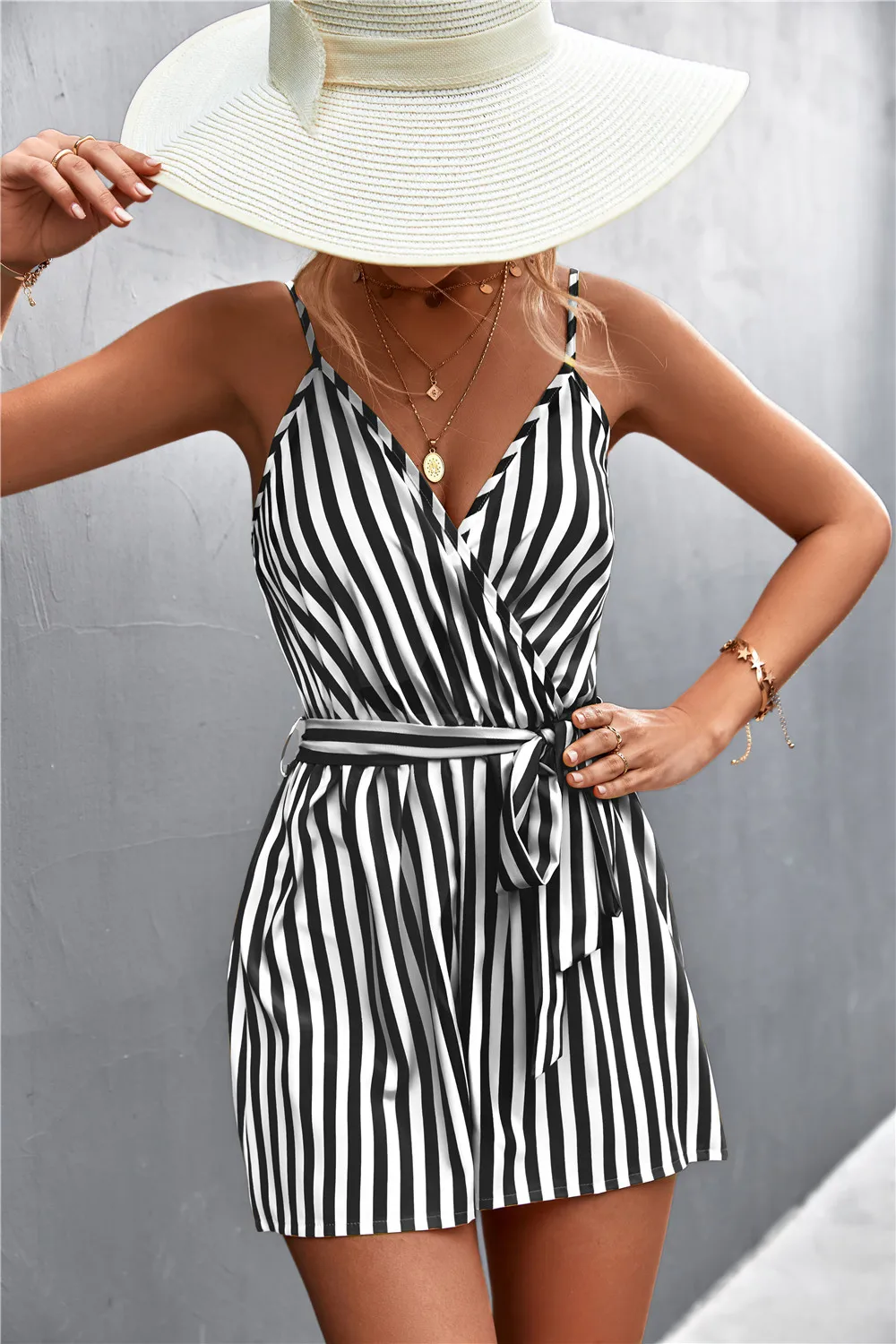 Deep V Neck jumpsuit Casual Stripe Woman Jumpsuit Loose Summer Romper  Shorts Beach Playsuit Female Outfit 2023 Holiday Outfits